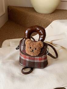 1pc Cute Panda Design Children's Crossbody Bag, Retro Plaid Stylish Handbag, Makeup Bag - Brown - View 1