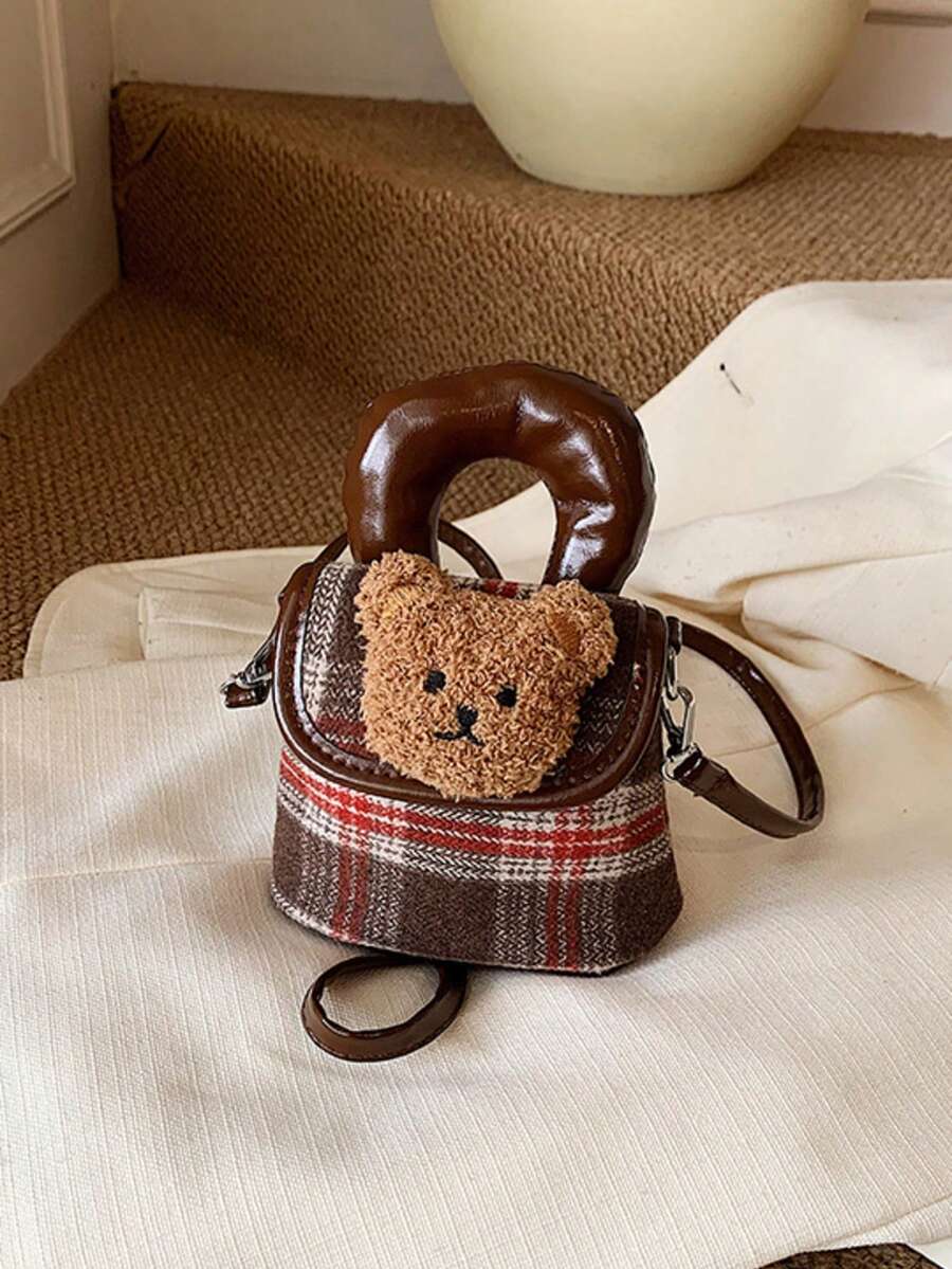 1pc Cute Panda Design Children's Crossbody Bag, Retro Plaid Stylish Handbag, Makeup Bag - Brown - View 1