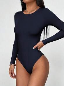 Women Spring Bodysuits For Long Sleeve Shirts Fitted Basic Ribbed Layering Bodys Tops Fall Fashion Winter Clothes Navy Blue Vacation Rompers Outfits For Women - Navy Blue - View 4