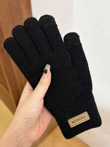 1 Pair Men's Winter Warm Touchscreen Gloves, Thermal Lined, Thick, Cold-Proof, Anti-Slip, Knitted For Cycling - Black - View 3