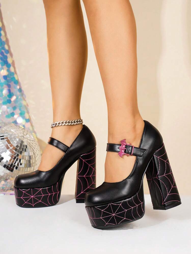 女士搭扣蜘蛛网刺绣厚底玛丽珍鞋 - 黑色 - 查看 4