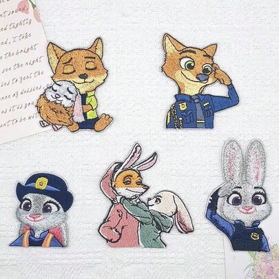 1片兔子和狐狸刺绣自粘贴片，适用于衣服、蚊帐、床上用品、车顶、沙发、修补破洞装饰，新年、情人节、复活节礼物【款式随机】