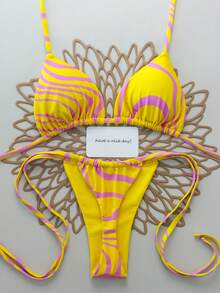 两件套女士全身印花性感交叉露背比基尼泳衣，适合海滩、度假村、舞台表演和音乐会、夏季假期穿着。 - 黃色 - 查看 5