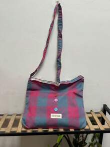 时尚百搭格子大容量纽扣简约复古少女文艺单肩手提包，韩日小众设计 - 彩色 - 查看 2