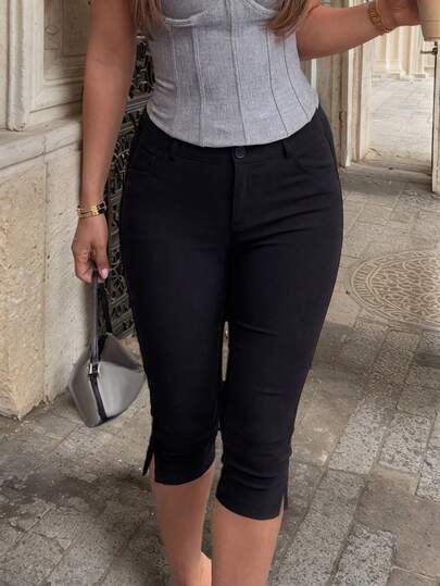 Apperloth Women's Lightweight 7/8 Pants, Elegant Black Skort, Stretchy Slit Hem, Slim Fit Leggings, 7/8 Pants, Skinny Pants, Button & Zipper Design, Suitable For Summer/Autumn Casual, Outing, And Date Wear