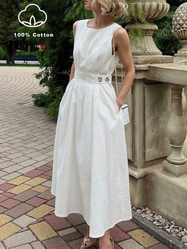 Women's Elegant Sleeveless Midi Cotton Dress, White, Fashionable Minimalist Style Suitable For Daily Commute, Spring/Summer