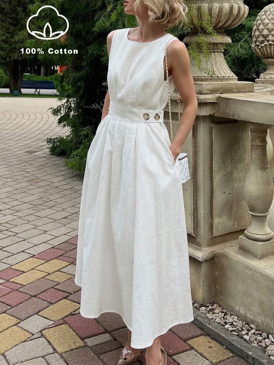 Women's Elegant Sleeveless Midi Cotton Dress, White, Fashionable Minimalist Style Suitable For Daily Commute, Spring/Summer - Apricot - View 1