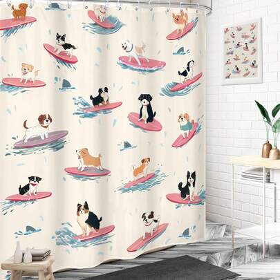 可爱狗狗浴帘，冲浪小狗趣味动物水彩卡通宠物爱好者夏季防水涤纶浴室家居装饰套装带挂钩