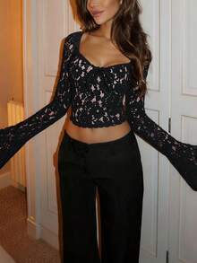 Vusalt Women's Spring Sexy And Cute Y2K Chest Cup Hollow Lace Slim Fit Trumpet Long Sleeved See Through Diamond Collar Top,Suitable For Summer Tops,Valentine's Day ,Beach Outfit ,Wedding,Birthday,Summer Holiday Outfits,Y2K Tops,Black Top - Black - View 7