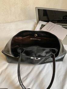 1个女士大容量手提包，PU皮革单肩包，休闲经典简约设计师商务风格包，时尚女士通勤包，黑色、白色、棕色、银色 - 黑色 - 查看 6