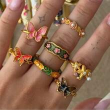 Bộ 7 chiếc nhẫn hình bướm và hoa nhiều màu sắc cổ điển, thiết kế độc đáo, món quà lý tưởng cho ngày Valentine, bạn bè, các bữa tiệc, hoặc đeo hàng ngày. - Vàng - Xem 3