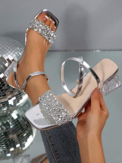Summer New Sparkling Rhinestone One-Strap Buckle Sandals, Comfortable Elegant Transparent Chunky High Heel Sandals