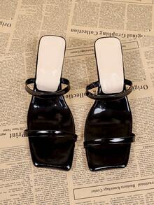 Women's Square Toe Slip-On High Heel Sandals, Casual Backless Mules - Black - View 7