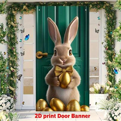 2D门牌，1个复活节兔子门牌 - 装饰有兔子、金蛋、绿色蝴蝶结和节日绿植，非常适合节日派对、婚礼、生日等 - 所有尺寸和款式均不含电源。