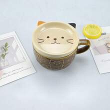 Cartoon Shiba Inu And Cat Ceramic Mug Set, 1 Set , Cute Relief Home Coffee/Breakfast Milk Cup With Lid, Microwaveable, Creative Snack Tray, Birthday Gift/Back-To-School Gift - Multicolor - View 8