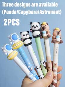 Two Erasable Gel Pens With Cute And Unique 0.5mm 3D Cartoon Nibs. Available In Three Designs (Astronaut, Capybara, And Panda), These Practical And Stress-Relieving Pens Are Perfect For Students, Handwriting Practice, And Everyday Writing. With Blue Ink, They Make A Fun And Helpful Learning Tool. - Blue - View 1