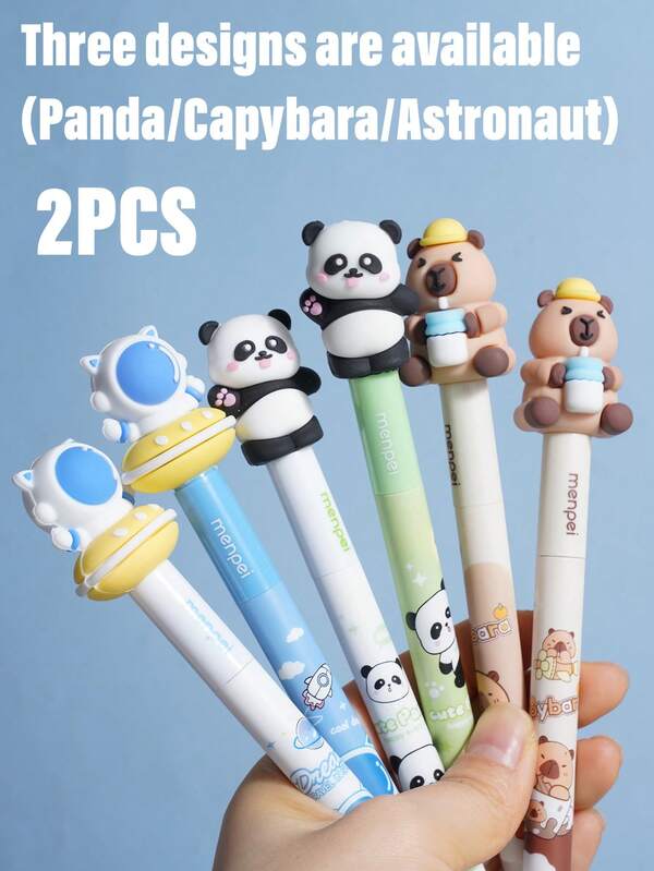 Two Erasable Gel Pens With Cute And Unique 0.5mm 3D Cartoon Nibs. Available In Three Designs (Astronaut, Capybara, And Panda), These Practical And Stress-Relieving Pens Are Perfect For Students, Handwriting Practice, And Everyday Writing. With Blue Ink, They Make A Fun And Helpful Learning Tool.