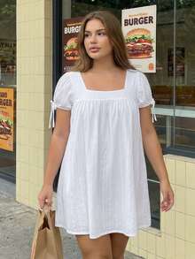 Women's Plus Size Dress Casual Stylish Solid Color Bows Square Neck Short Sleeve Mini Dress - trắng - Xem 9