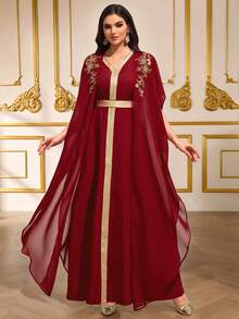 Ramadan Limited Edition Set: Chiffon Red & Gold Embroidered Floral V-Neck Tie Waist Women 2 Pieces Robe, Suitable For Special Occasions And Holiday Performances - Burgundy - View 6