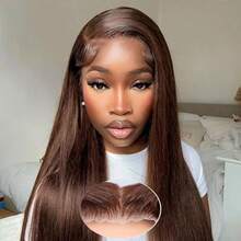 13x4 13x6 HD Lace Front Wig Human Blended Hair Straight 34 Inch - 200% Density Pre-Plucked & Pre-Cut Glueless Wig Ready To Wear, Wear And Go Lace Front Closure For Women, No Glue Easy Install - Brown - View 4