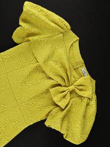 Plus Size Women Yellow Jacquard Elegant Long Dress With Bow Accent Puff Short Sleeve Curvy Dresses For Wedding Guest Formal Occasion - Yellow - View 5