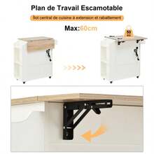 Kitchen Trolley With Folding Worktop, Drawers, Anti-Roll Kitchen Cabinet With Shelf, Towel Rack, Spice Rack, Serving Trolley - White - View 6