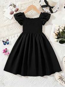 Đầm đen tay ngắn cho bé gái, 4-8 tuổi, cổ vuông xếp ly, kiểu công chúa Pháp, mùa hè. - màu đen - Xem 3