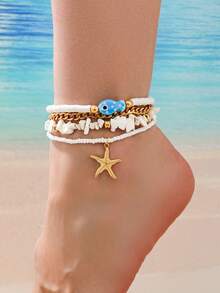 4pcs Cute Animal, Shell, Starfish, Blue Fish Layered Anklet Set, Women Anklet Suitable For Beach, Vacation