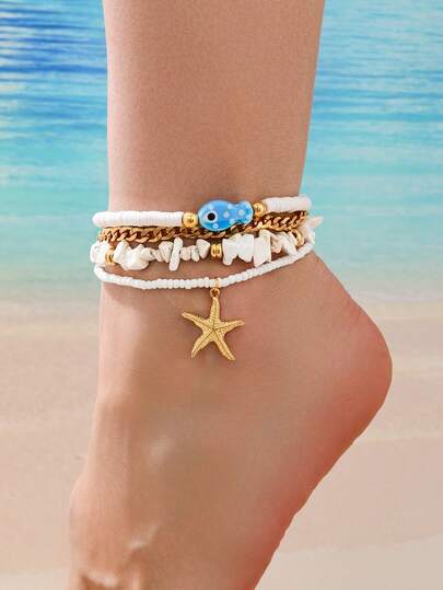 4pcs Cute Animal, Shell, Starfish, Blue Fish Layered Anklet Set, Women Anklet Suitable For Beach, Vacation