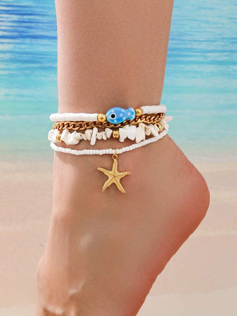 4pcs Cute Animal, Shell, Starfish, Blue Fish Layered Anklet Set, Women Anklet Suitable For Beach, Vacation