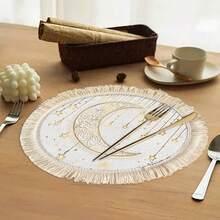 1/4/6pcs Middle East Festival Series Golden Crescent Moon With Vine Patterns & Hanging Golden Stars, Paired With Golden & Yellow Spots Linen Printed Tassel Placemats/Coasters, Elegant Ramadan Moonlight Round Placemats/Coasters, Polyester With Floral Border, Hand Washable - Ideal For Dining Tables - Multicolor - View 4