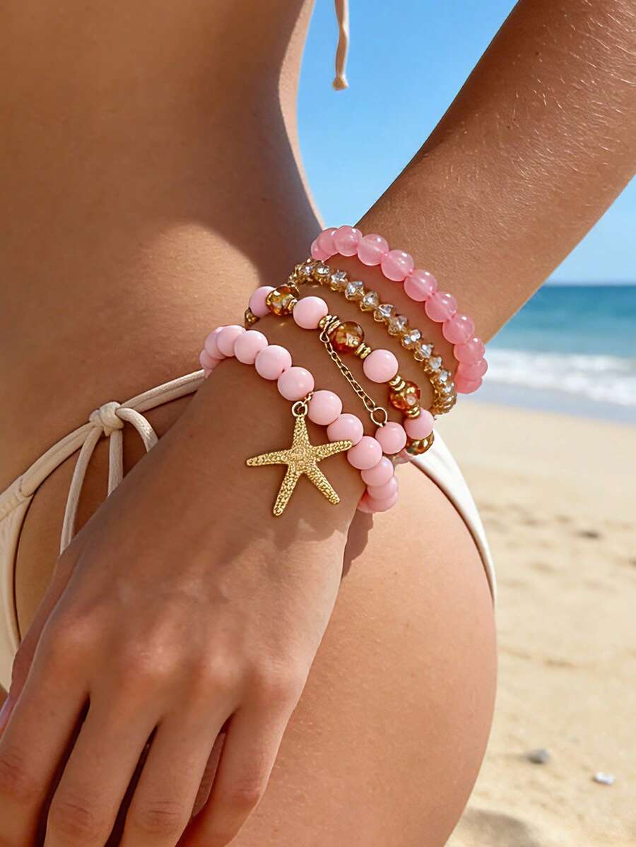 4pcs/Set Fashionable Bohemian Ocean Beach Style Starfish Pendant Multi-Layer Beaded Asymmetrical Bracelet Set