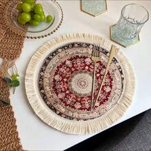 1/4/6pcs Middle Eastern Festival Series Expanding Geometric Floral Pattern Linen Printed Tassel Table Mat/Coffee Cup Coaster - Multicolor - View 5
