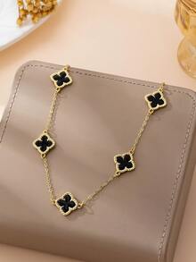 1pc Summer Hollow Flower Metal Necklace, Geometric Four-Leaf Clover Pendant Necklace, Suitable For Back To School, Halloween Party - Black - View 2