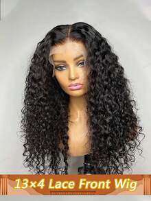 Kinky Curly Wave Transparent 13x4 Lace Front Wig Brazilian Human Hair Pre Plucked Natural Black Curly Wave Wig With Baby Hair 180% Density - Natural Black - View 1