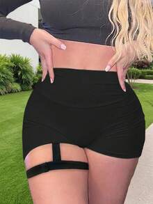 女士性感瑜伽短裤，Y2K风格纯色宽腰带，运动翻盖口袋弹力提臀健身骑行短裤（女款） - 黑色 - 查看 2