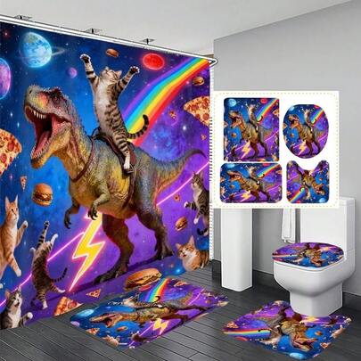 1件/3件/4件套梦幻星空猫咪霸王龙浴室装饰浴帘套装，赠送12个挂钩，营造高端假日氛围，包含浴室地垫、U型地垫和圆形马桶垫，适用于各种场景的浴室套装