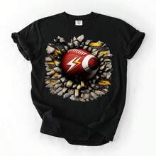 American Football Graphic Shirt For Women, Lightning Football Tee, Sports Mom Style Top, Bold Game D - 黑色 - 查看 1