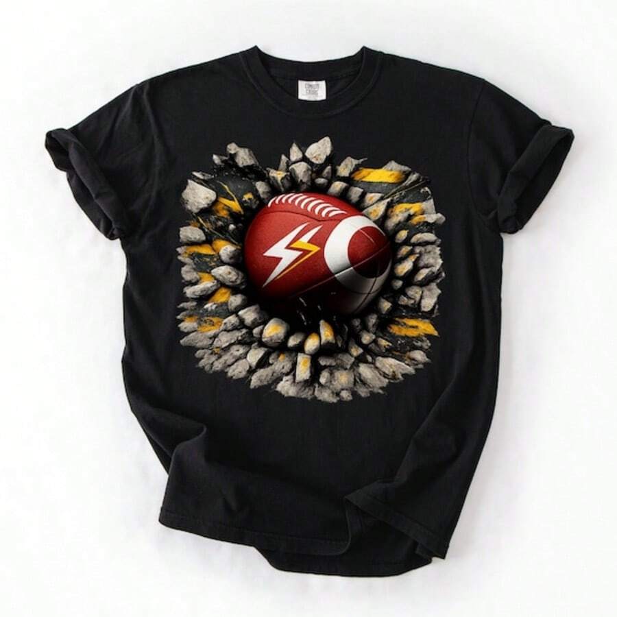 American Football Graphic Shirt For Women, Lightning Football Tee, Sports Mom Style Top, Bold Game D - 黑色 - 查看 1