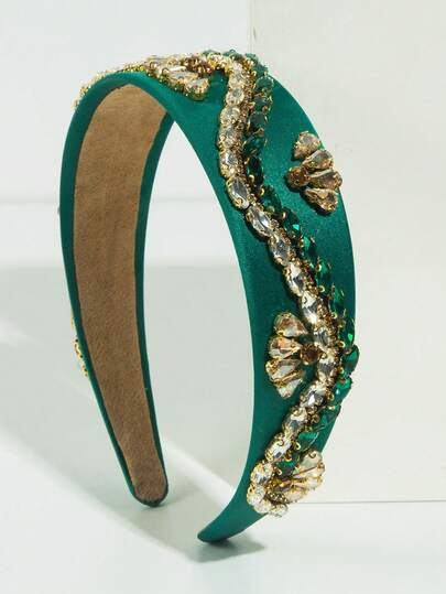 1pc Green Fabric Wide-Brimmed Fashion Baroque Style Headband, Vintage Luxurious Rhinestone Decor, Elegant Party Headpiece, High-Quality Versatile Hair Accessory