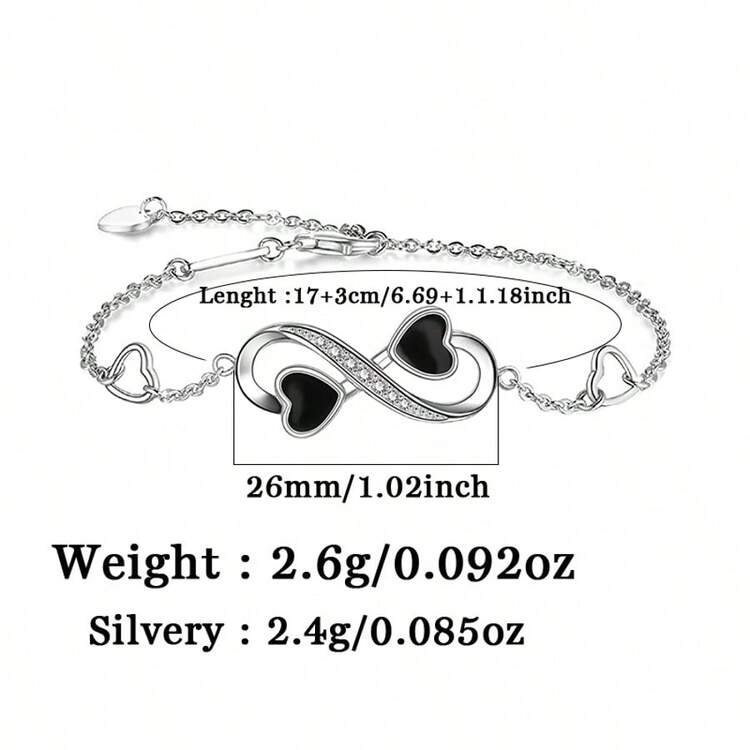 925 Silver Hollow Infinite Love Heart Zirconia Inlaid Women's Bracelet, Elegant & Sweet Gift For Valentine's Day, Daily Wear, Party, Family & Friends, Birthday - Silver - View 4