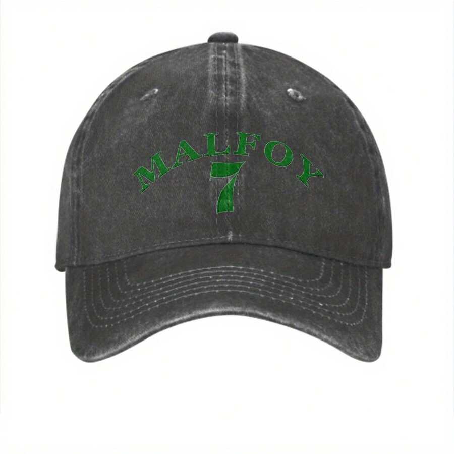DM7 Vintage Washed Denim Baseball Cap Unisex - Adjustable MALFOY 7 Pattern Dad Hat, Retro Casual Street Style, Outdoor Sports Sun Protection Travel Gift Accessory - 黑色 - 查看 1