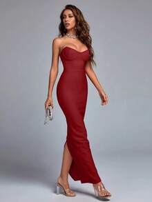 Bernatova Sexy Strapless Women Midi Long Rear Split Party Cocktail Evening Bandage Bodycon Dress For Birthday , Homecoming , Graduation , Wedding Guest , Dinner Party