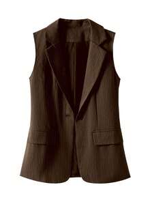女士条纹拼接单扣常规款西装背心，纯色口袋纽扣，适合春季办公室穿着 - 咖啡棕 - 查看 4