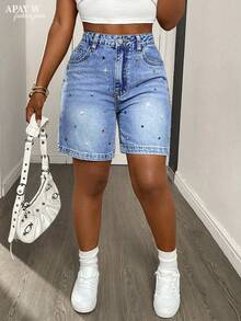 Quần short Bermuda denim cotton wash dành cho nữ, trang trí đính đá nhiều màu sắc, phong cách đường phố quyến rũ, thoải mái và thoáng khí, kiểu quần casual đa năng cho mùa hè. - Rửa nhẹ - Xem 3