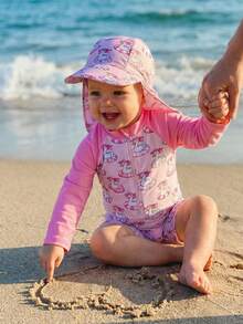 Toddler Baby Girl One Piece Swimsuit Kids Newborn Infant Bathing Suit Mermaid Duck Swimsuits Long Sleeve Rash Guard Half Zipper Swimwear Sunhat Set UPF 50+ - 玫紅色 - 查看 2