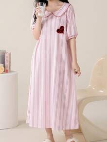 AICJ 1 st. söt, sexig, tecknad film med hjärt- och bokstavstryck, randig rosa lång nattlinne, Peter Pan-krage, lyktaärm, pyjamas, loungewear - Rosa - Visa 4