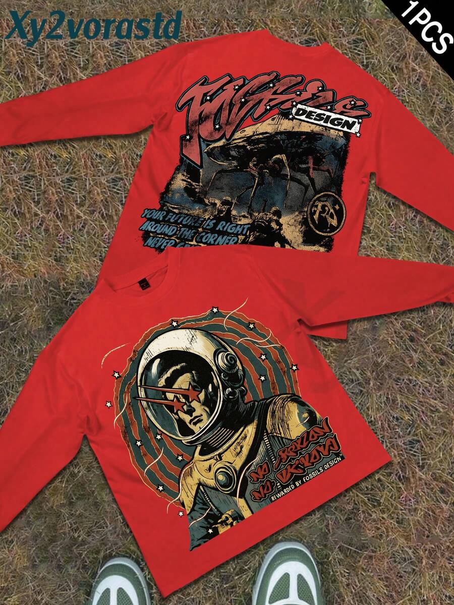 Y2k Astronaut Art Punk Long Sleeve Shirts ,Sky Double-Sided Printing,Christmas Style Graphic T Shirt Cotton,Fashionable Hip-Hop For Men - Long Sleeve T-Shirts, Funny Vintage Shirts,Regular Fit, Street Style, Digital Print, Ideal Gift - 紅色 - 查看 1