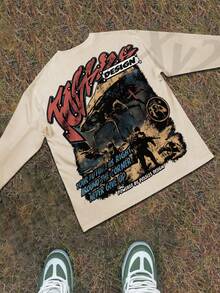 Y2k Astronaut Art Punk Long Sleeve Shirts ,Sky Double-Sided Printing,Christmas Style Graphic T Shirt Cotton,Fashionable Hip-Hop For Men -  Long Sleeve T-Shirts, Funny Vintage Shirts,Regular Fit, Street Style, Digital Print,  Ideal Gift - Màu be - Xem 3