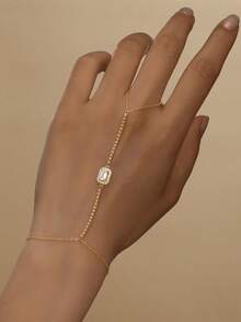 1PC 925 Sterling Silver Dainty Prong Setting Irregular Ring Bracelet Hand Chain For Women Dainty Cubic Zirconia Bracelet And Ring Chain Body Jewelry Daily Wear Wedding Party Engagement Anniversary Valentine's Day - Gold - View 2